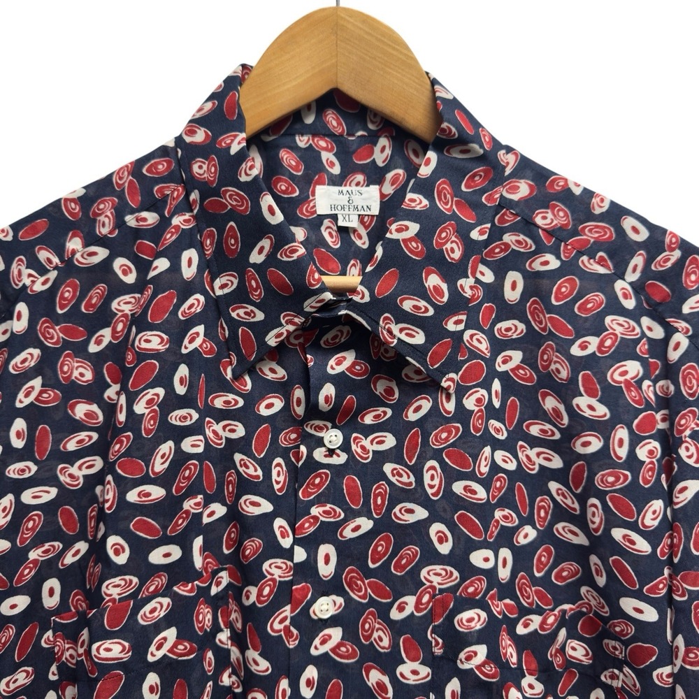 Maus & Hoffman Vtg Men's‎ XL Blue/Red Geometric Button Front Sheer Shirt USA euc